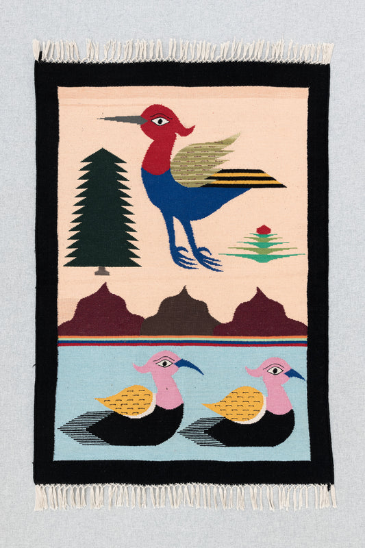 Handwoven Pictorial Rug [pine tree, 3 birds]