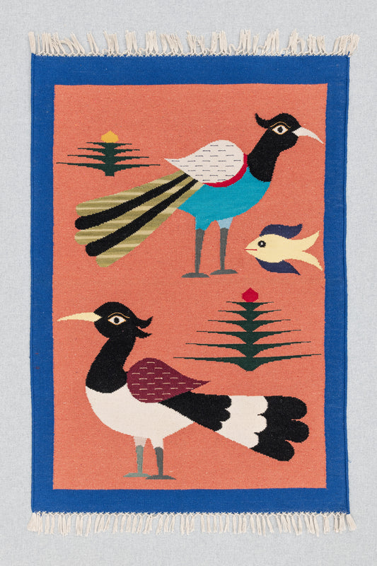 Handwoven Pictorial Rug [2 birds, 1 fish]